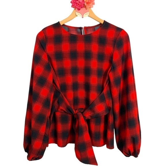 Red plaid print balloon sleeve tie waist blouse size small - Picture 1 of 9